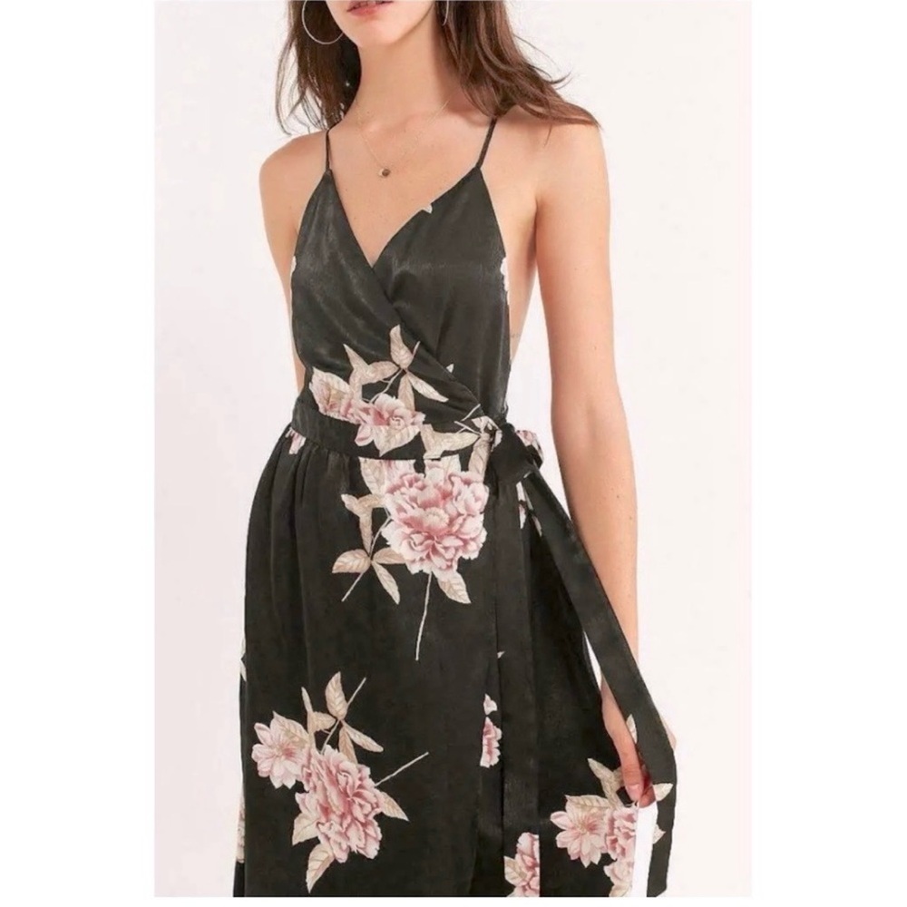 Urban Outfitters Black Satin Floral Wrap Maxi Dress S